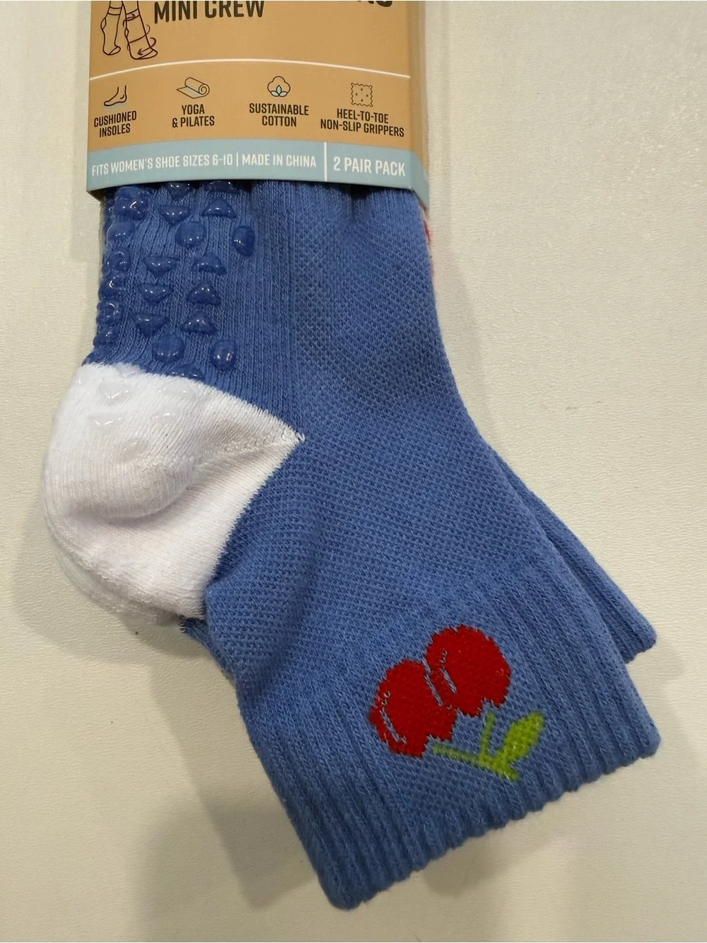 MUK LUKS Studio Socks Mini Crew 2-Pack Blue Cherry Non-Slip Yoga Pilates